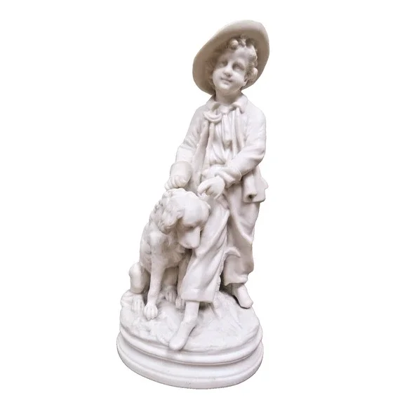 Antique French White Parisian Figurine - Boy And His Dog Figurine 11" - Picture 1 of 10